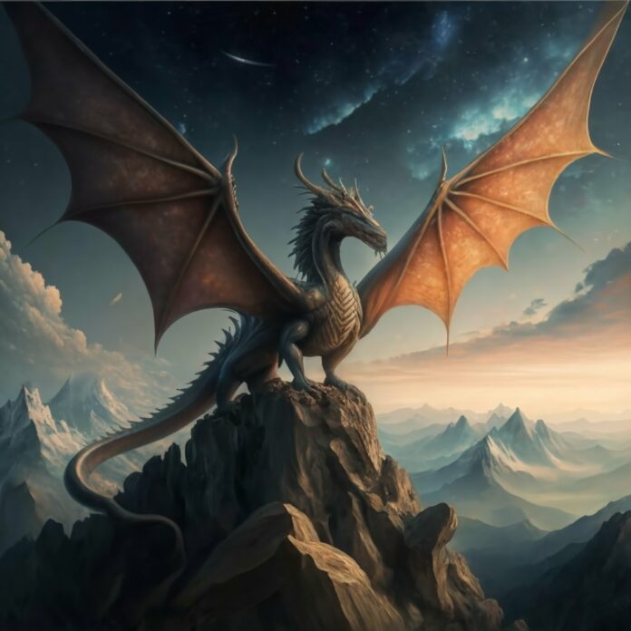Dragon perched atop a towering mountain peak