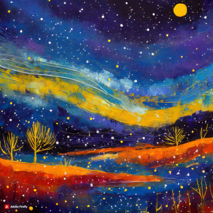 Firefly A Van Gogh-inspired landscape painting with swirling brushstrokes, bold colors, and starry night