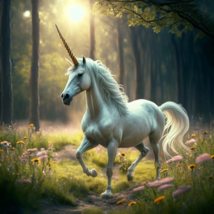 Unicorn galloping through a lush sun-dappled forest