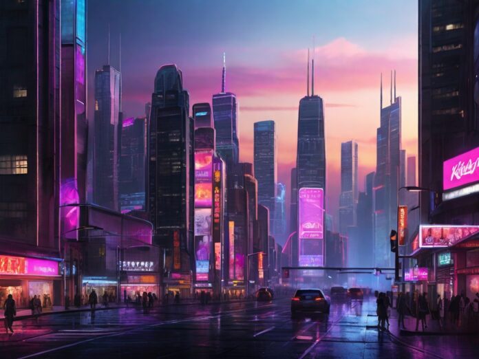 cityscape at night, with neon light