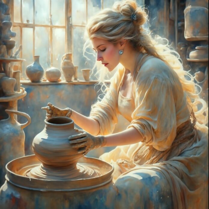 blond girl making pottery