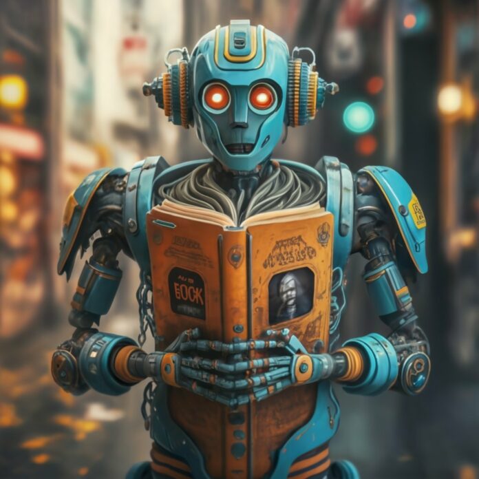 modern robot holding a fictional book in his hands