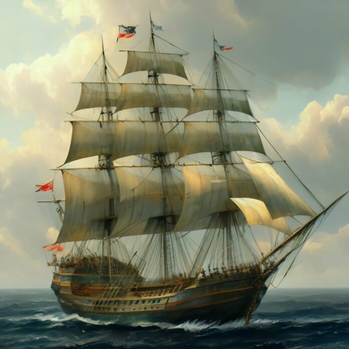 old fashion pirate sail ship at sea
